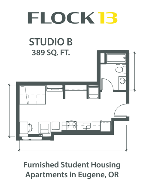 Floor plan for studio, 1 bath, 389 sqft